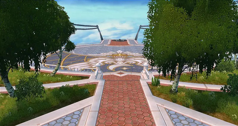 A symmetrical garden plaza with tiled walkways, clipped hedges and tall pale trees under a clear blue sky