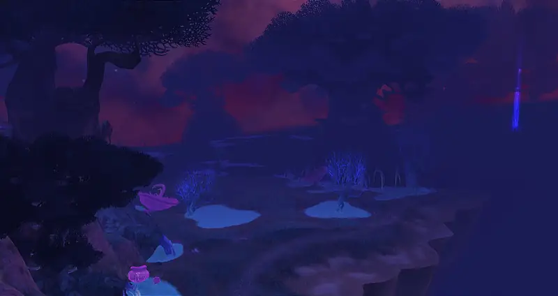 Blasse Steinplattformen und leuchtende Pflanzen, verstreut über eine violette Dämmerlandschaft